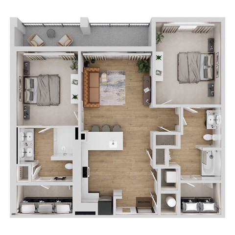 A top-down view of a modern apartment layout with two bedrooms, a living area, and a kitchen.